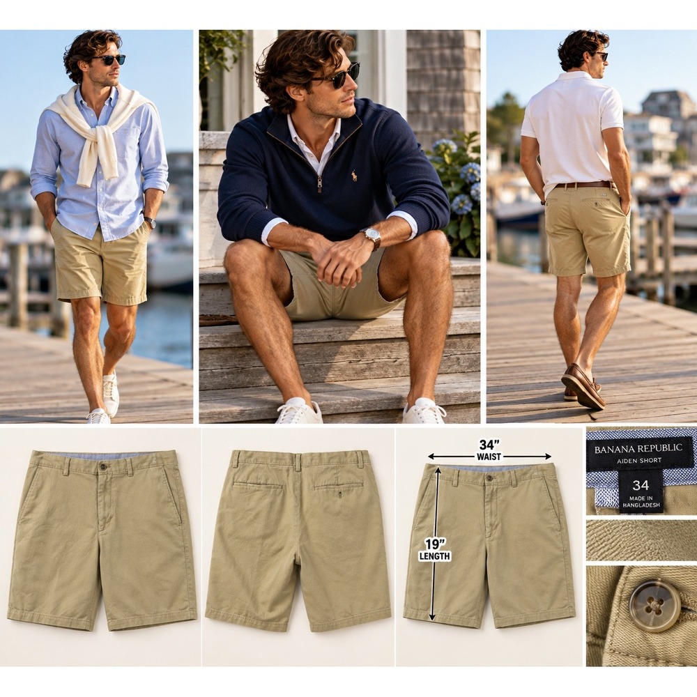 Banana Republic Men Aiden Shorts 34 Khaki Chino Preppy Frat Ivy League Old Money